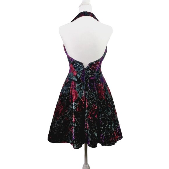 Vtg Steppin Out 1980's Gold Lined Velvet Floral Beaufont Halter Mini Dress Sz 3 - Picture 2 of 8